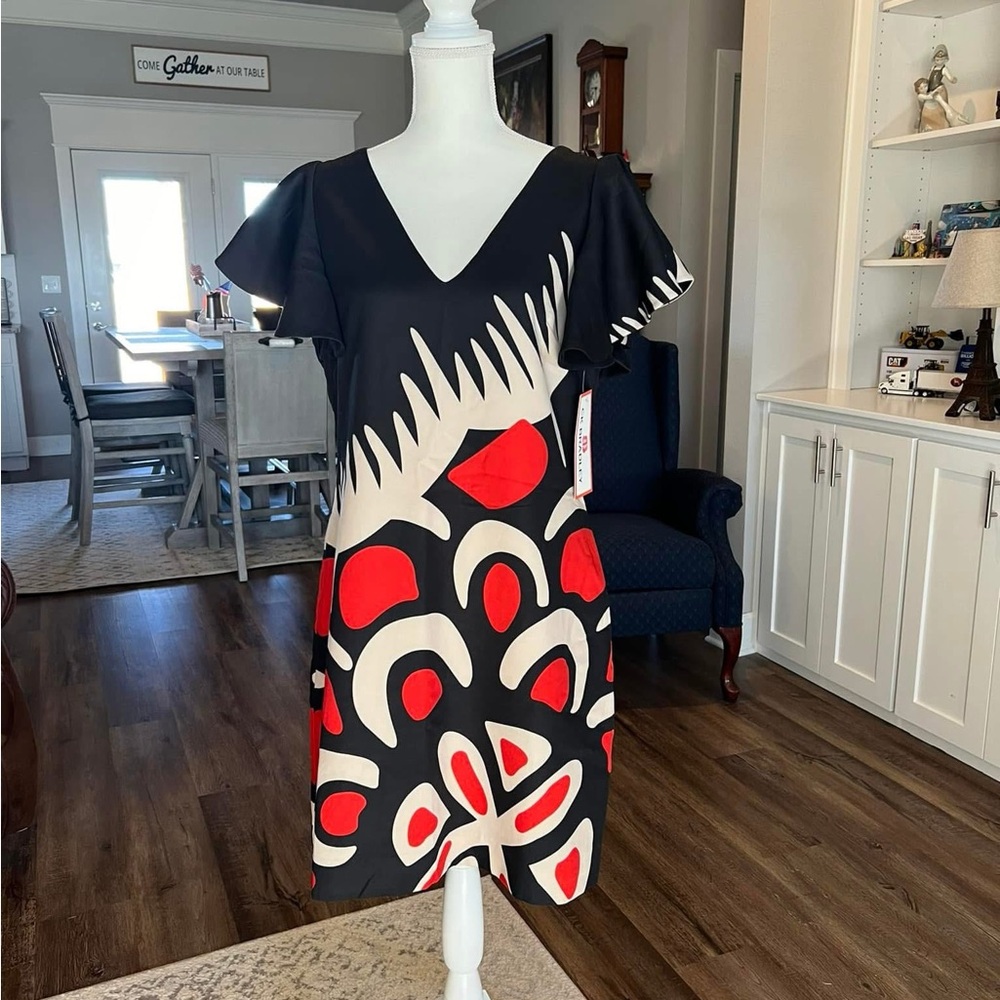 CK Bradley Elegant Black and Red Patterned Mini Dress